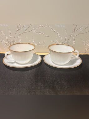 Vintage Anchor Hocking Fire King Milk Glass Cups & Saucers w/ Gold Trim